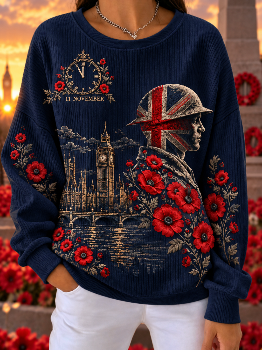 Women's Remembrance Day Lest We Forget  Ribbed Round-Neck Sweatshirt