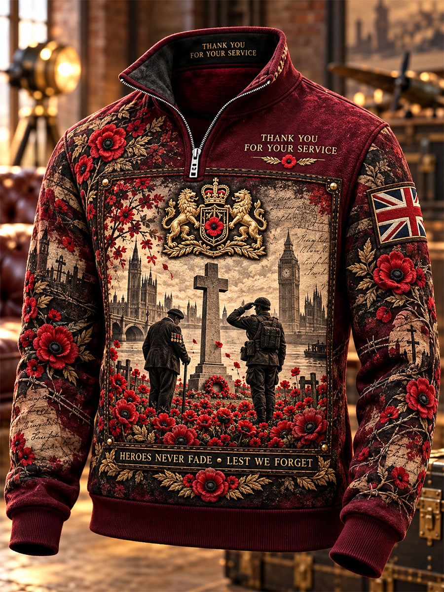 Men's Remembrance Day Lest We Forget Print Zip-Up Hoodie