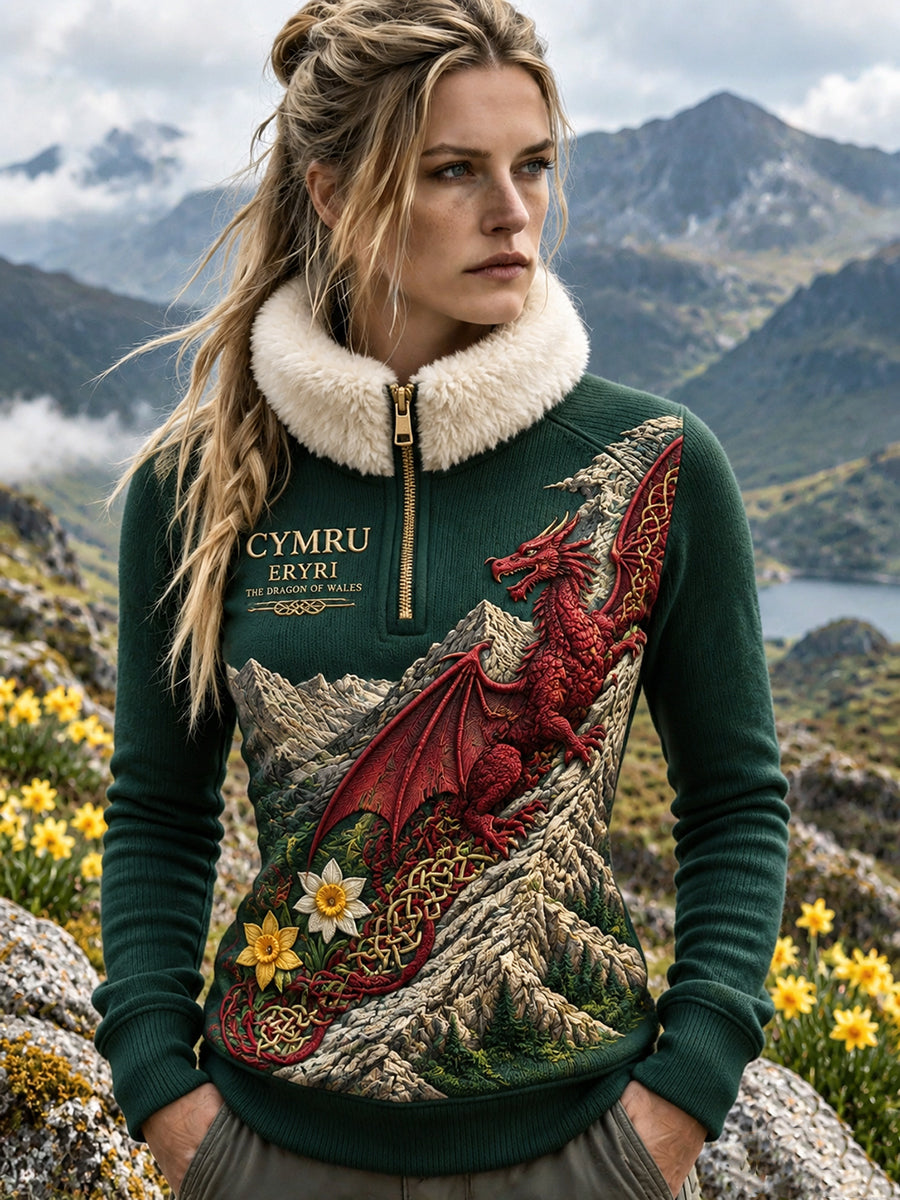 Women's Vintage British Wales Printed Fleece-Lined Zipper Sweatshirt