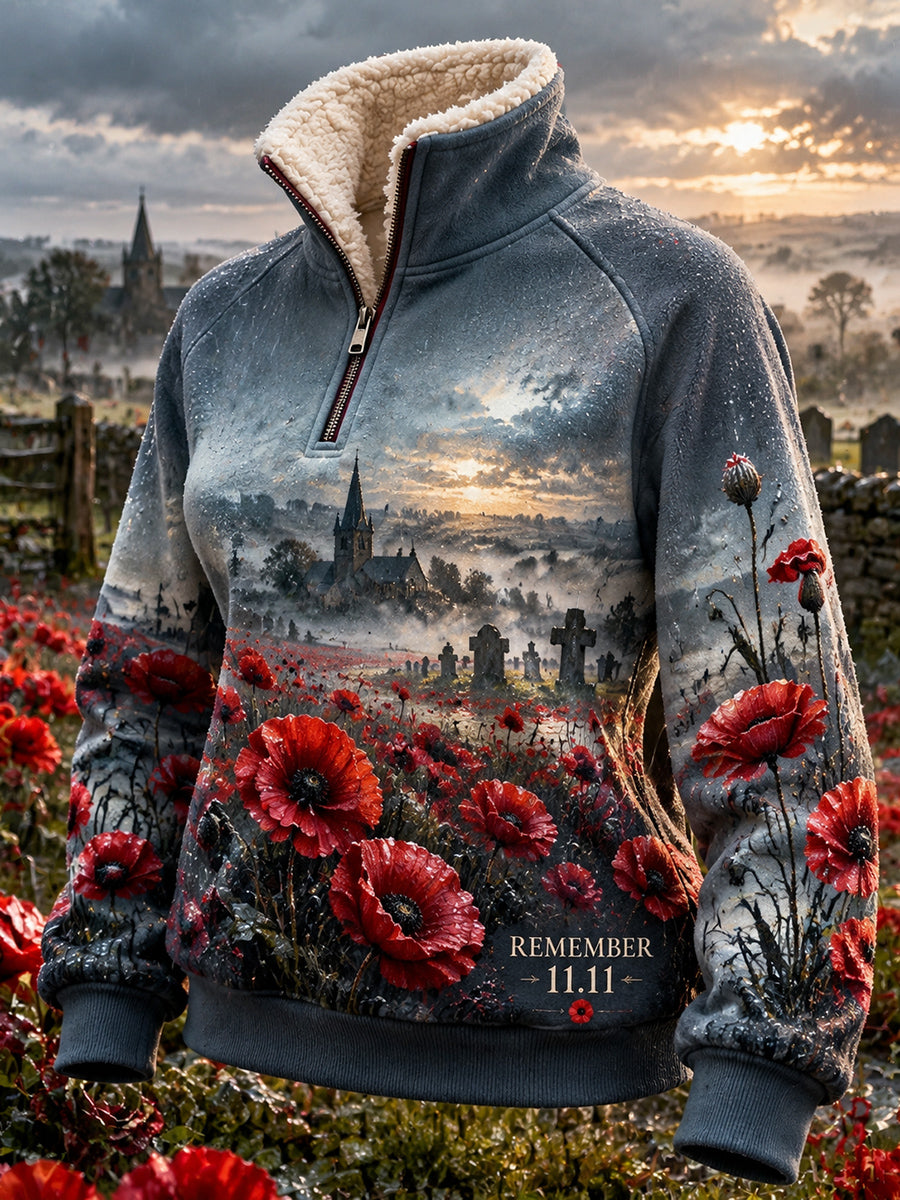 Women's British Remembrance Day Printed Fur Collar Top