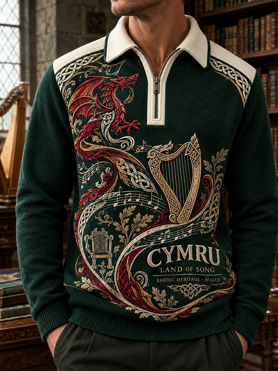 Men's Vintage British Wales Printed Zip-Up Hoodie