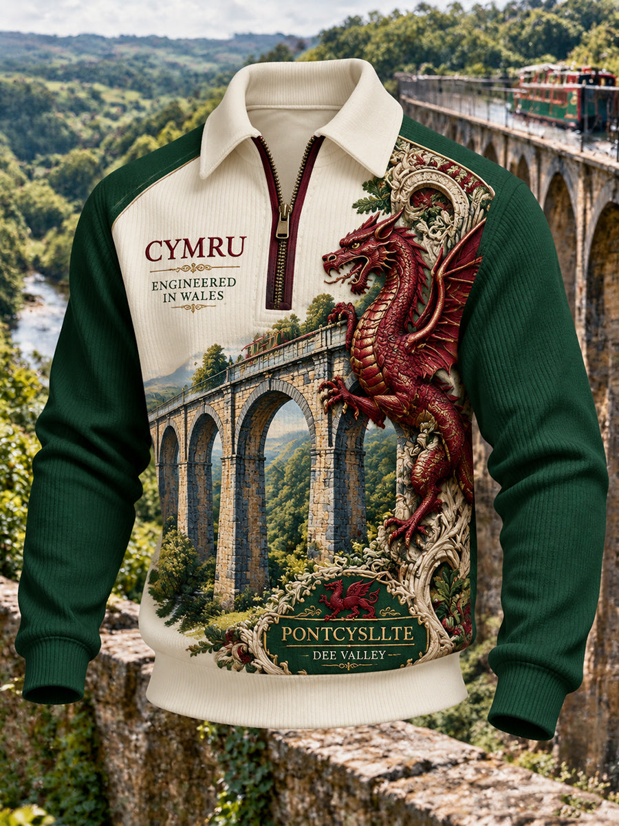 Men's Vintage British Wales Printed Zip-Up Hoodie