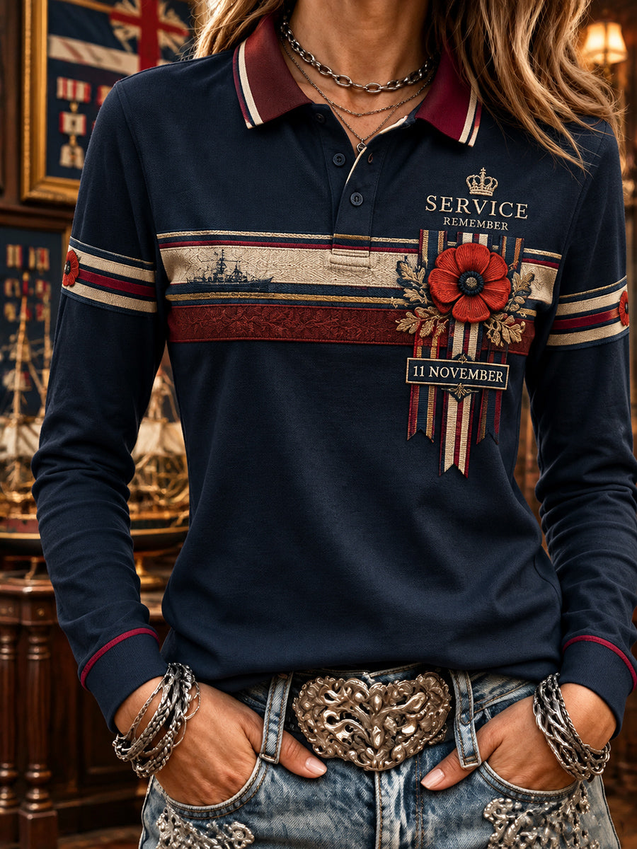 Women's British Remembrance Day Printed Long-Sleeve Polo Shirt