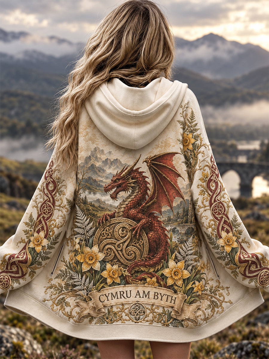 Women's Welsh Red Dragon Printed Zip-Up Hoodie