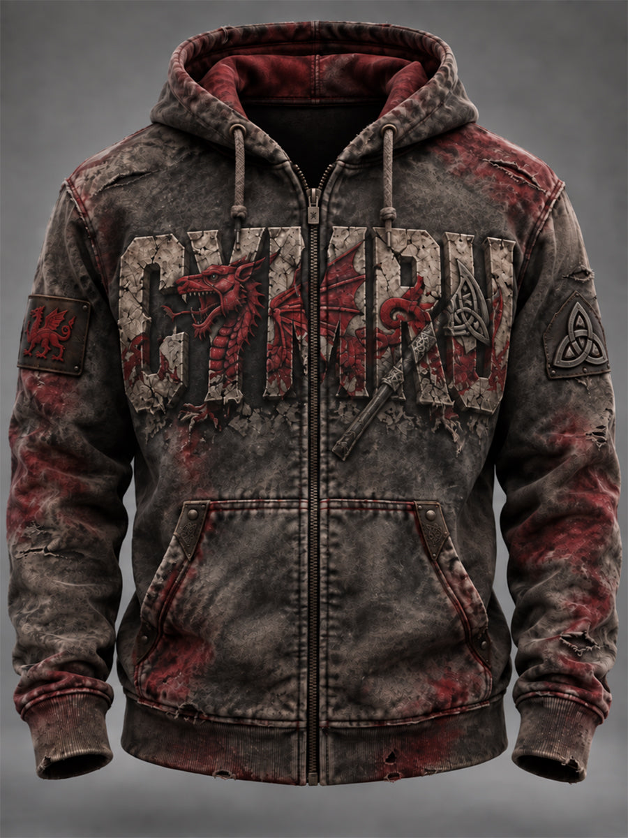 Men's Welsh Red Dragon Printed Zipper Jacket