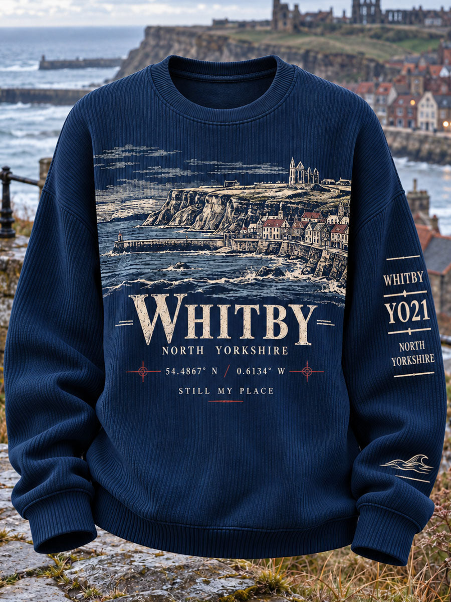Women's British Town Print Ribbed Round-Neck Sweatshirt