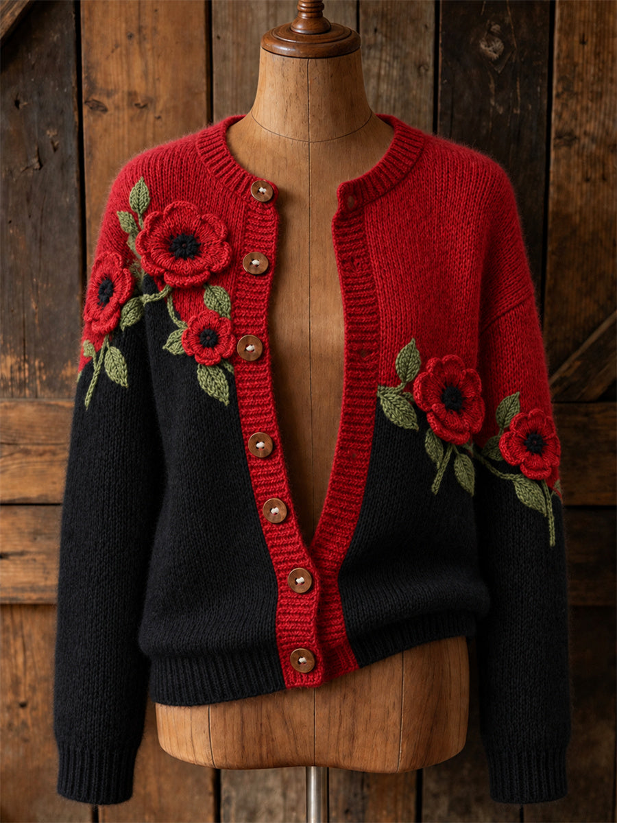 Women's Classy Papaveraceae Floral Contrast Color Print Cardigan-Style Knit Jacket