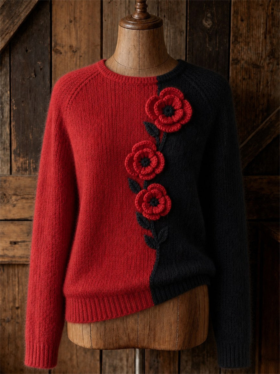 Women's Classy Papaveraceae Floral Contrast Color Print crew neck sweater