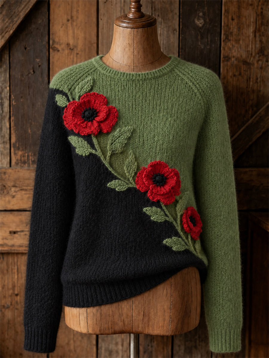 Women's Classy Papaveraceae Floral Contrast Color Print crew neck sweater