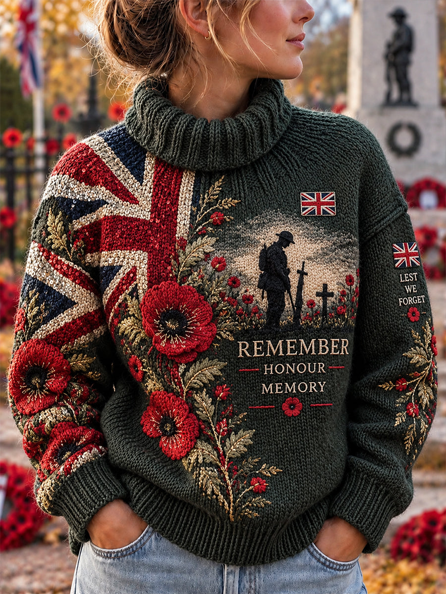 Women's Remembrance Day Print High-Neck Knit Sweater