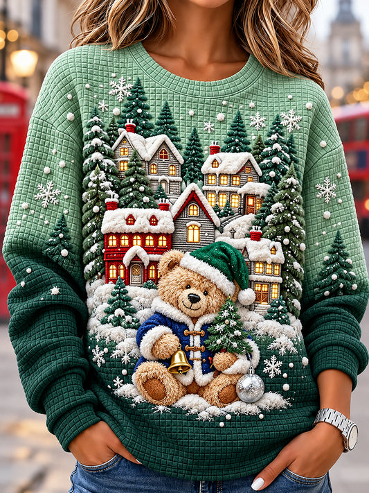 Women's London Bear Printed Round-Neck Long-Sleeved Waffle Sweatshirt