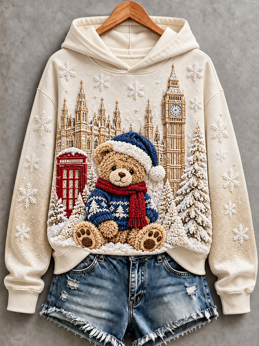 Women's London Bear Printed Round-Neck Long-Sleeved Waffle Sweatshirt