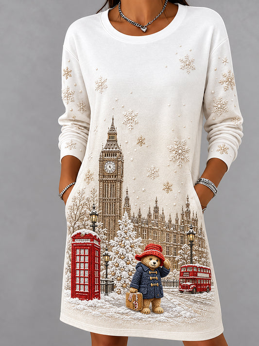 Women's London Bear Christmas Abstract Print Casual Dress