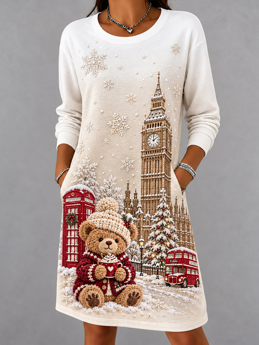 Women's London Bear Christmas Abstract Print Casual Dress