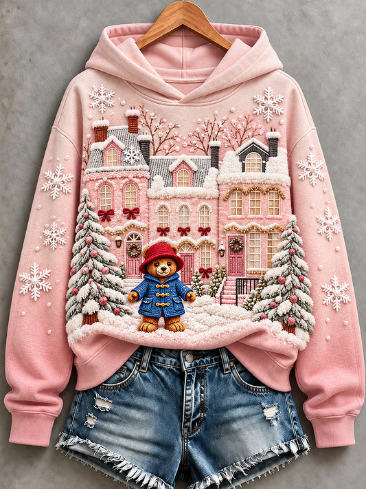 Women's London Bear Printed Round-Neck Long-Sleeved Waffle Sweatshirt