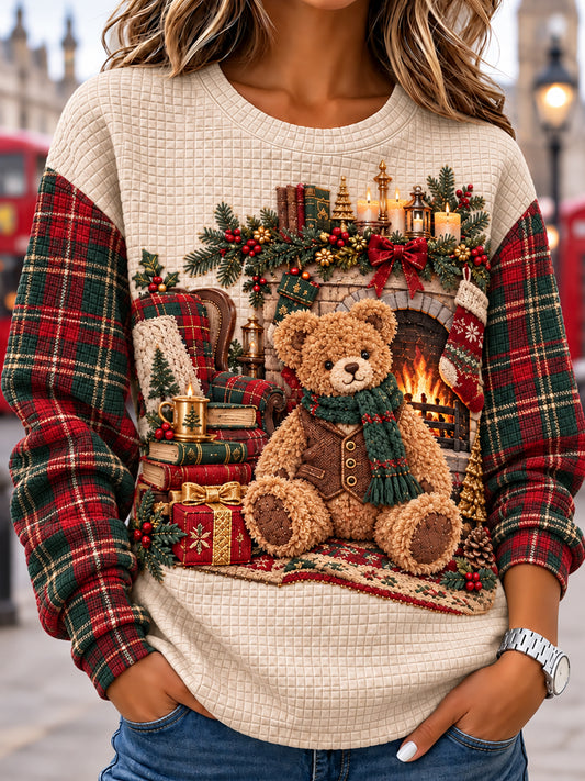 Women's London Bear Printed Round-Neck Long-Sleeved Waffle Sweatshirt