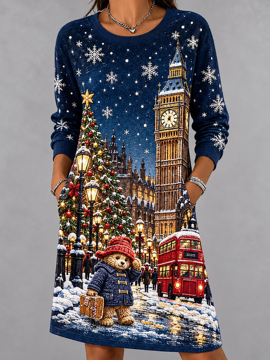 Women's London Bear Christmas Abstract Print Casual Dress