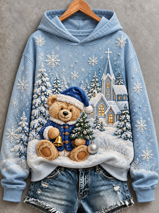 Women's London Bear Printed Round-Neck Long-Sleeved Waffle Sweatshirt
