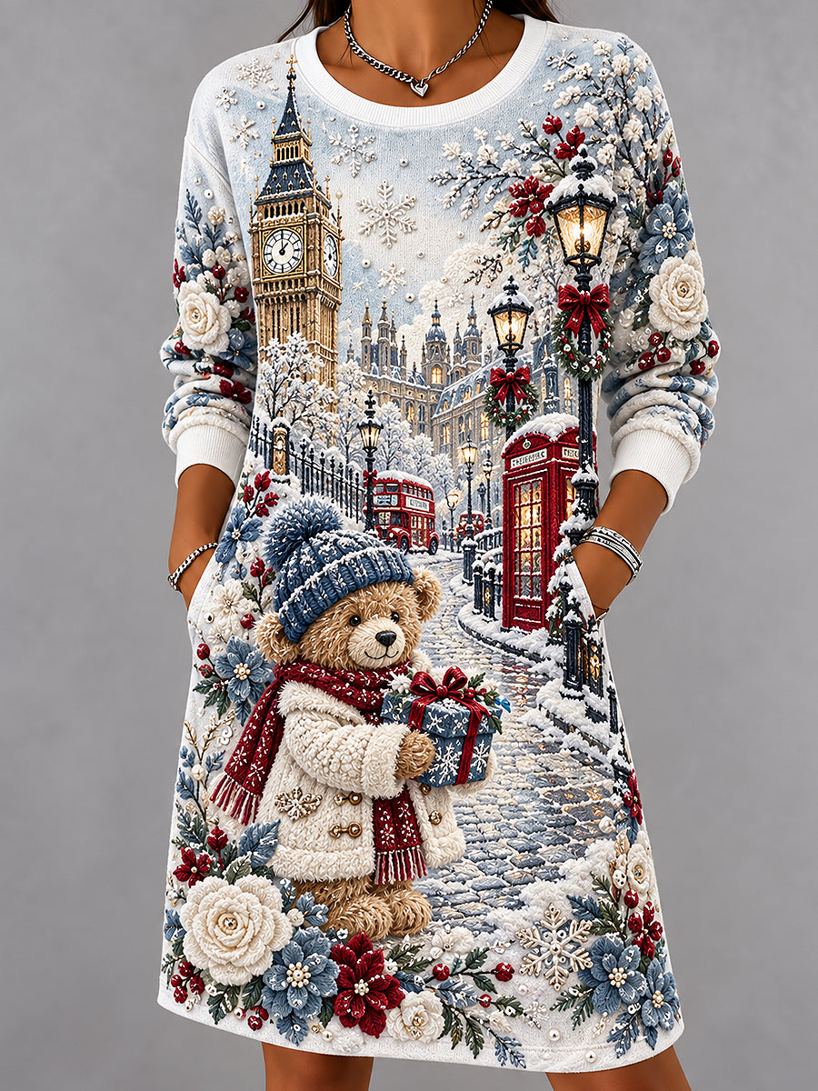 Women's London Bear Christmas Abstract Print Casual Dress