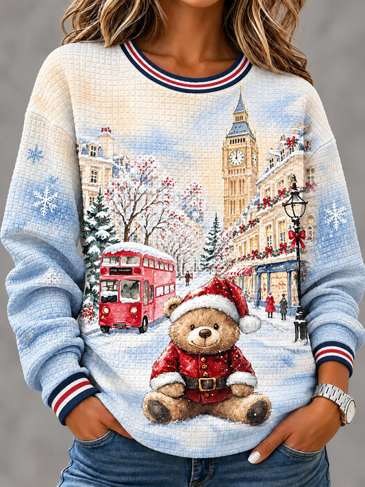 Women's London Bear Christmas Art Printed Waffle Long Sleeve Sweatshirt