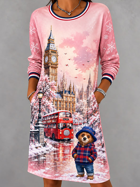 Women's London Bear Christmas Abstract Print Casual Dress