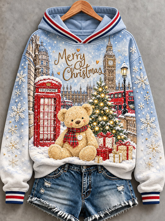 Women's London Bear Christmas Printed Round-Neck Long-Sleeved Hooded Sweatshirt