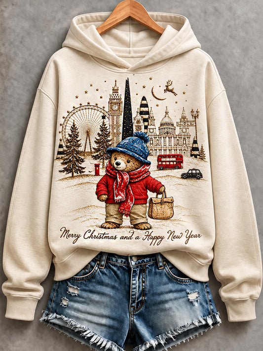 Women's London Bear Christmas Printed Round-Neck Long-Sleeved Hooded Sweatshirt
