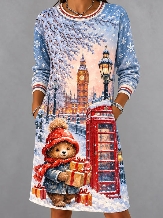 Women's London Bear Christmas Abstract Print Casual Dress
