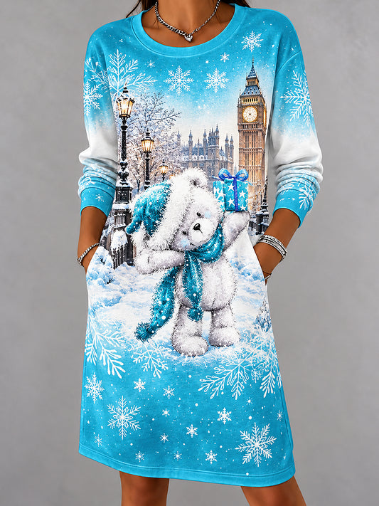 Women's London Bear Christmas Abstract Print Casual Dress