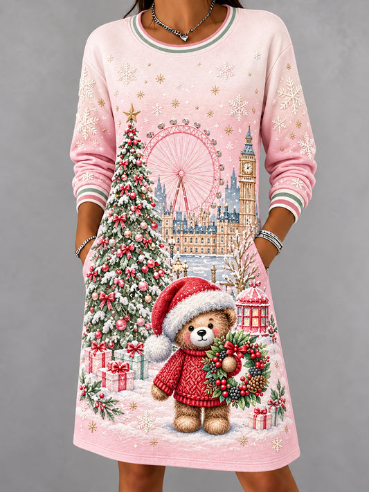 Women's London Bear Christmas Abstract Print Casual Dress