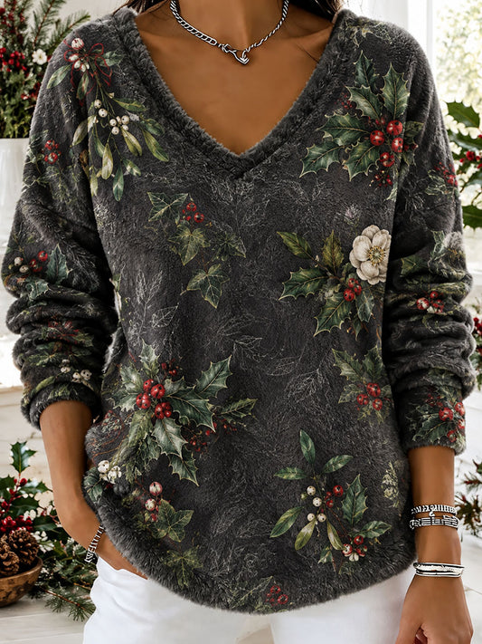 Lady V-neck British Christmas Print Flannel Top