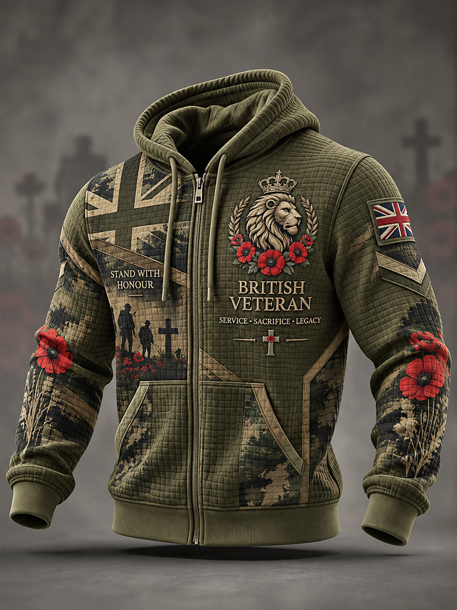 Men’s Veteran Memorial-Themed Printed Waffle-Knit Hoodie