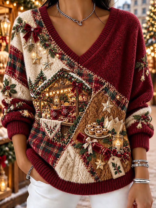 Women's Retro British Christmas Printed V-neck Flannel Top