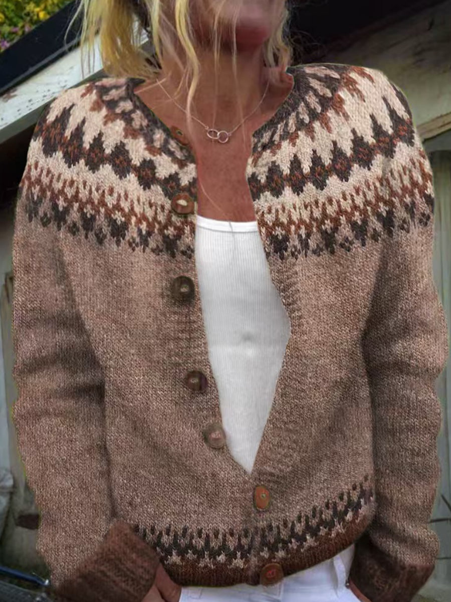 Women's Winter Icelandic Sweater Round Neck Loose Button Cardigan