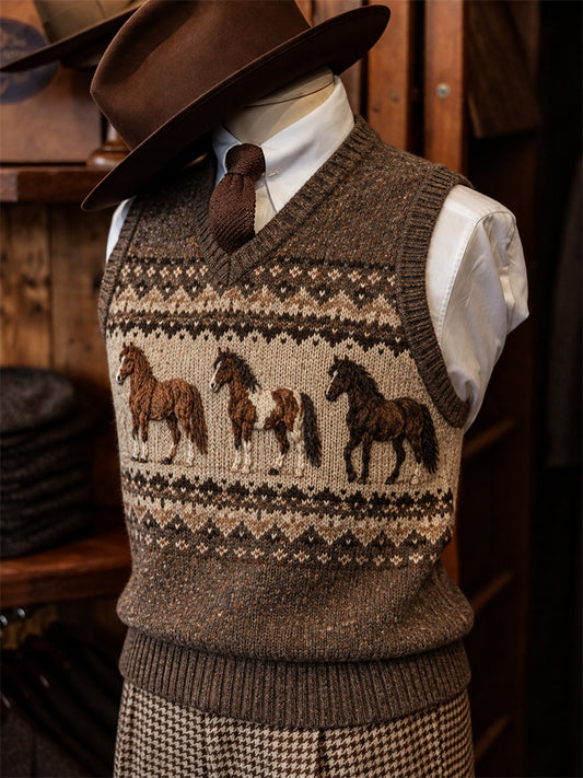 Men's Vintage Horses Fair Isle Pattern Print Vest