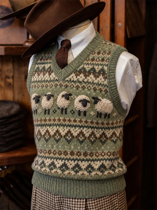 Men's Vintage Fuzzy Sheep Fair Isle Pattern Print Vest