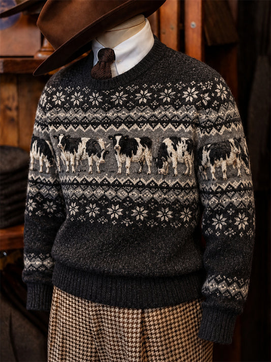 Men's Vintage Dairy Cows Fair Isle Print imitation sweater