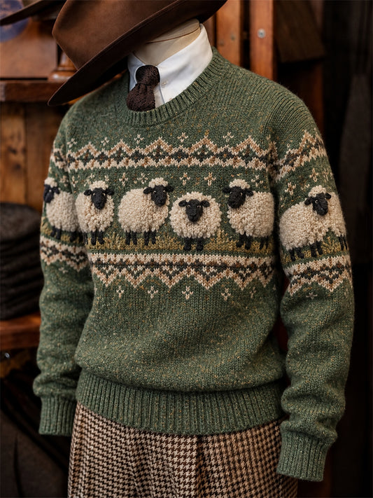 Men's Vintage Fuzzy Sheep Fair Isle Print imitation sweater
