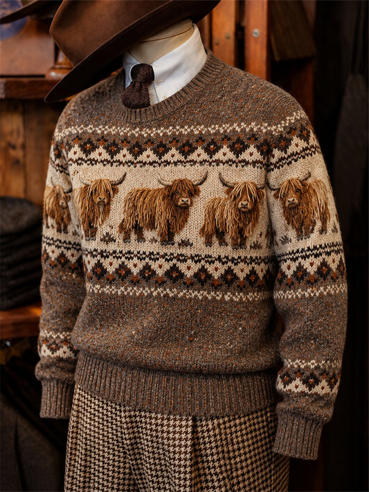 Men's Vintage Highland Cows Fair Isle Print imitation sweater