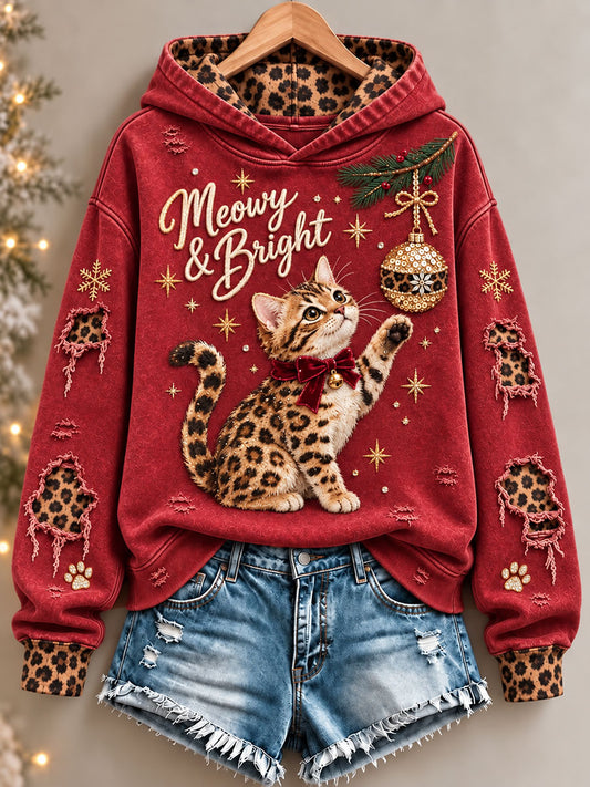 Women's Christmas Funny Cat Art Print Regular Hoodie