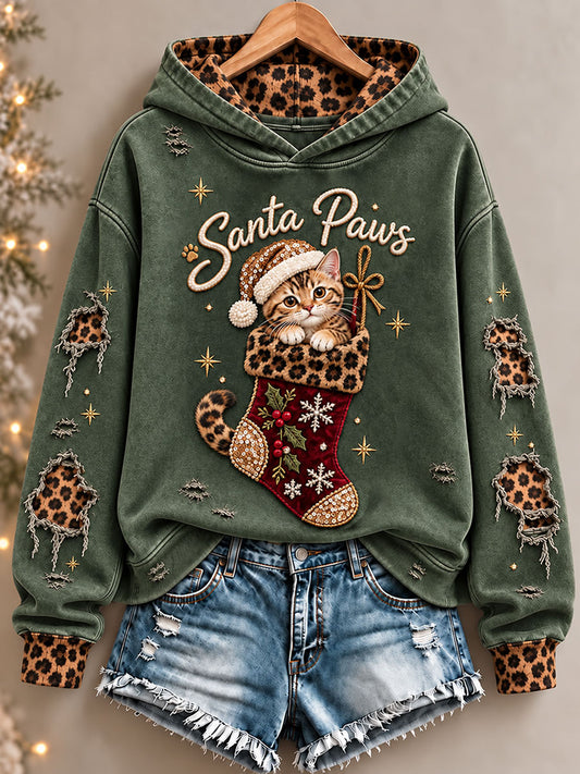 Women's Christmas Funny Cat Art Print Regular Hoodie