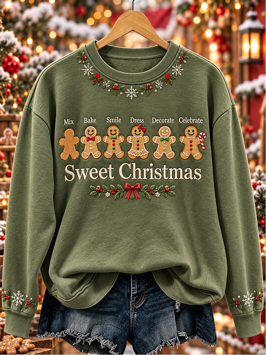 Women's Vintage Gingerbread Cookie Sweet Christmas Print Casual Sweatshirt