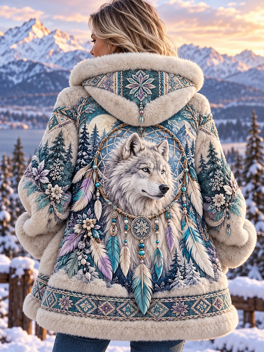 Women's Nordic-Style Animal Print Flannel Hooded Jacket