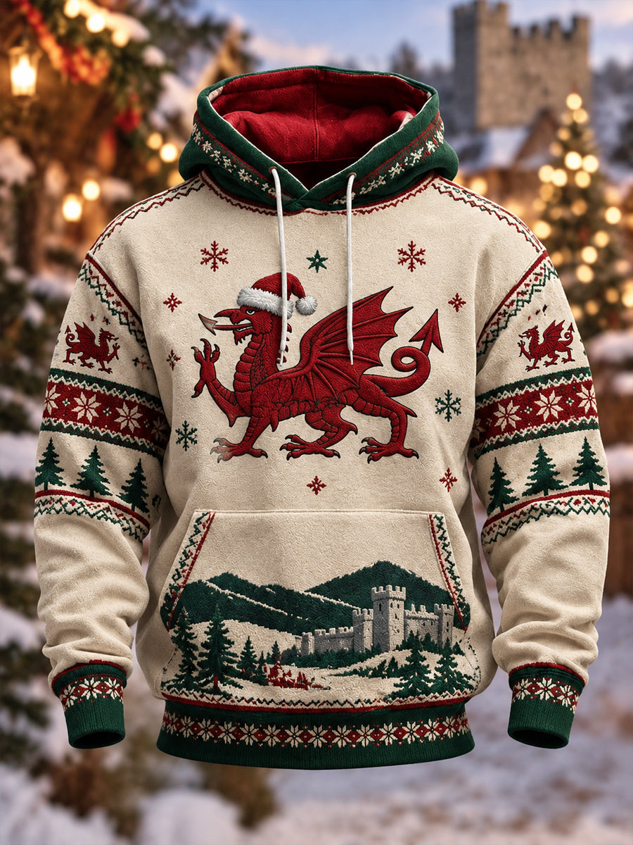 Men's Welsh Christmas Printed Oversized Drop-Shoulder Hoodie with Pockets