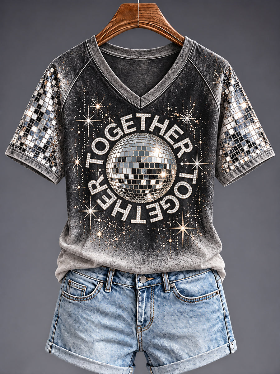 Women's Disco Ball Pop Music Fan V-neck T-shirt
