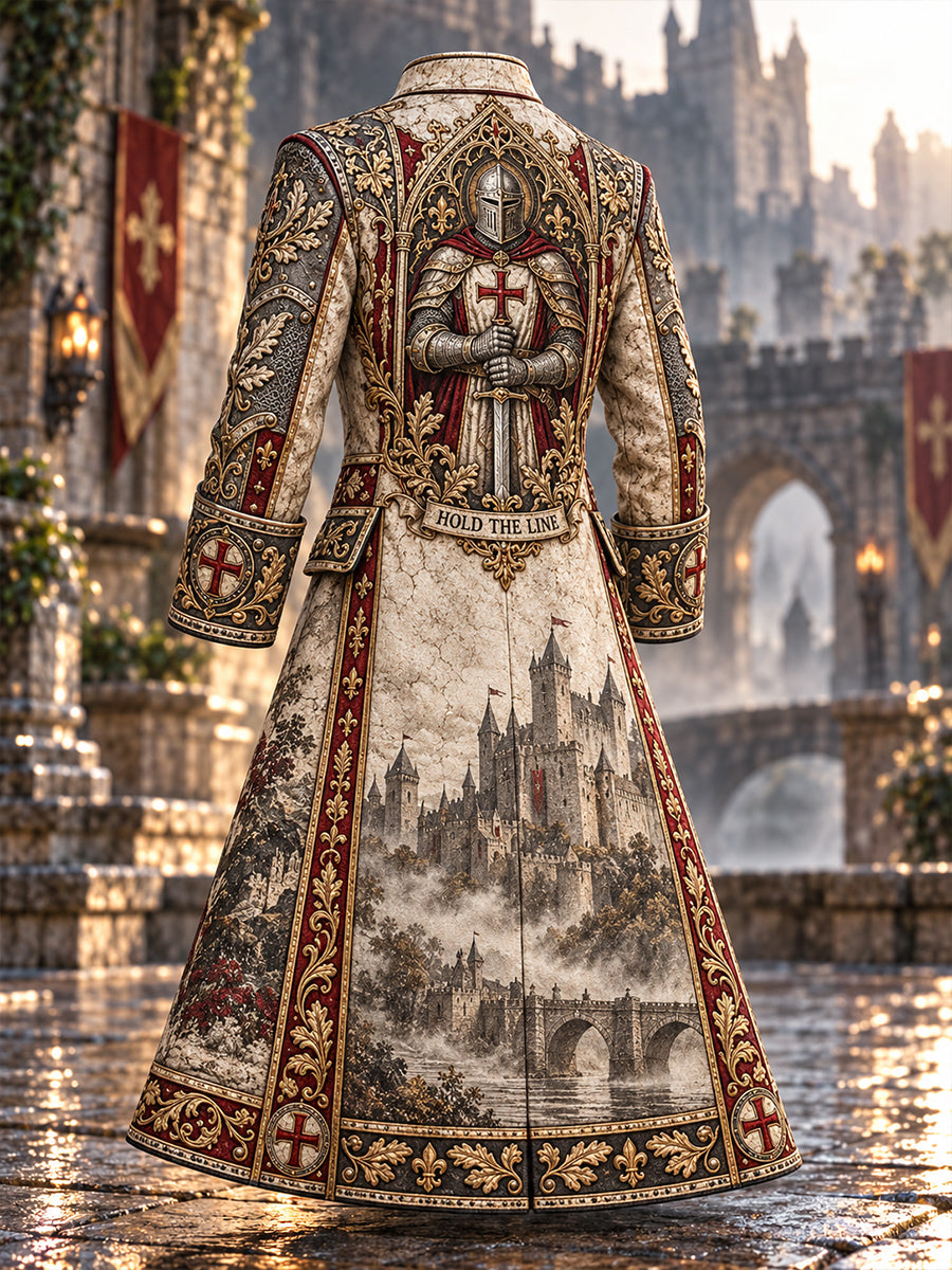 Men's  British Knights Templar-Themed Print Long Coat