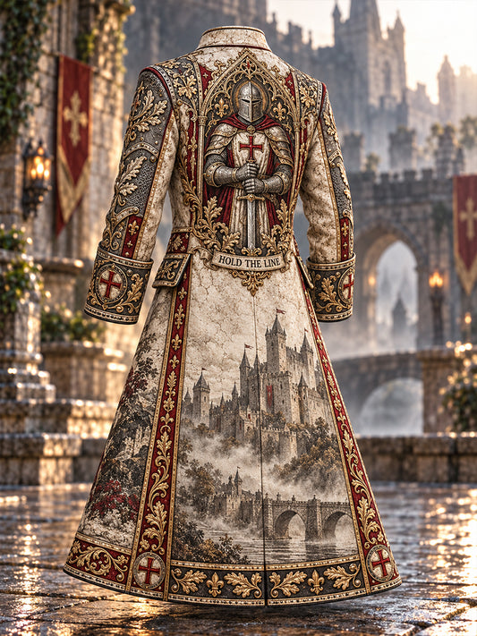 Men's  British Knights Templar-Themed Print Long Coat