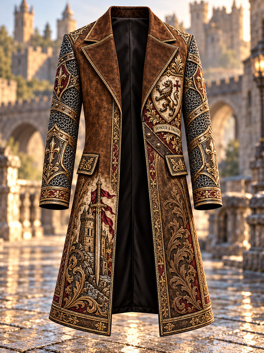 Men's  British Knights Templar-Themed Print Long Coat