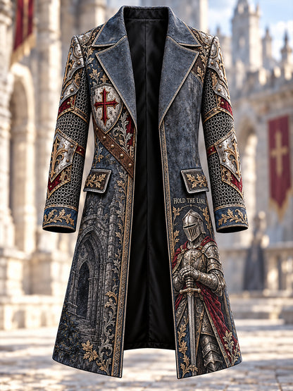 Men's  British Knights Templar-Themed Print Long Coat