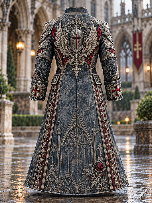 Men's  British Knights Templar-Themed Print Long Coat